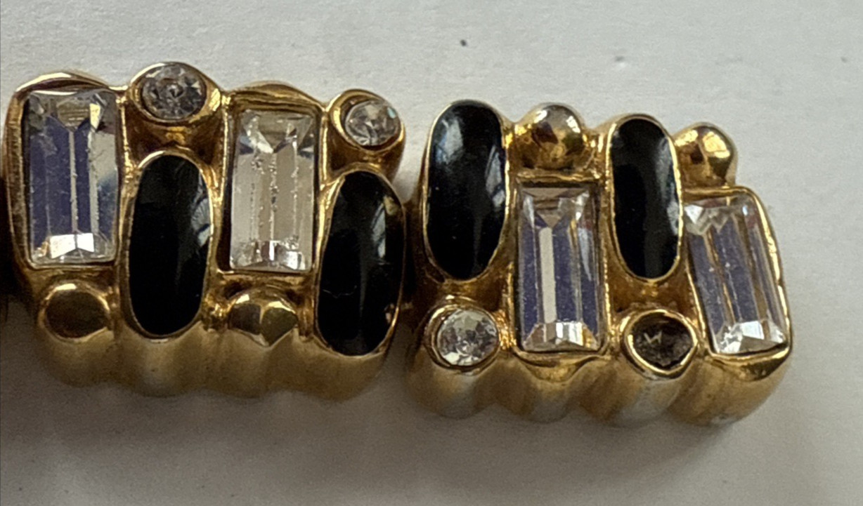 St. John Couture Bracelet Gold Tone Black Enameled & Rhinestone Baguettes 7.75”