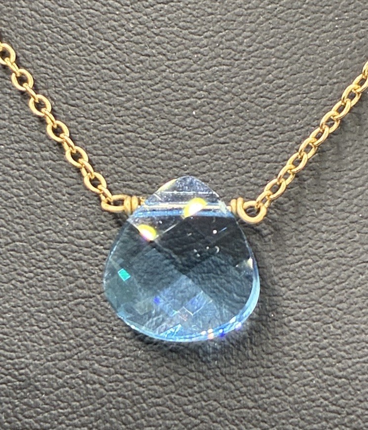 Touchstone Light Sapphire, Briolette, Swarovski Crystal Gold Tone Necklace