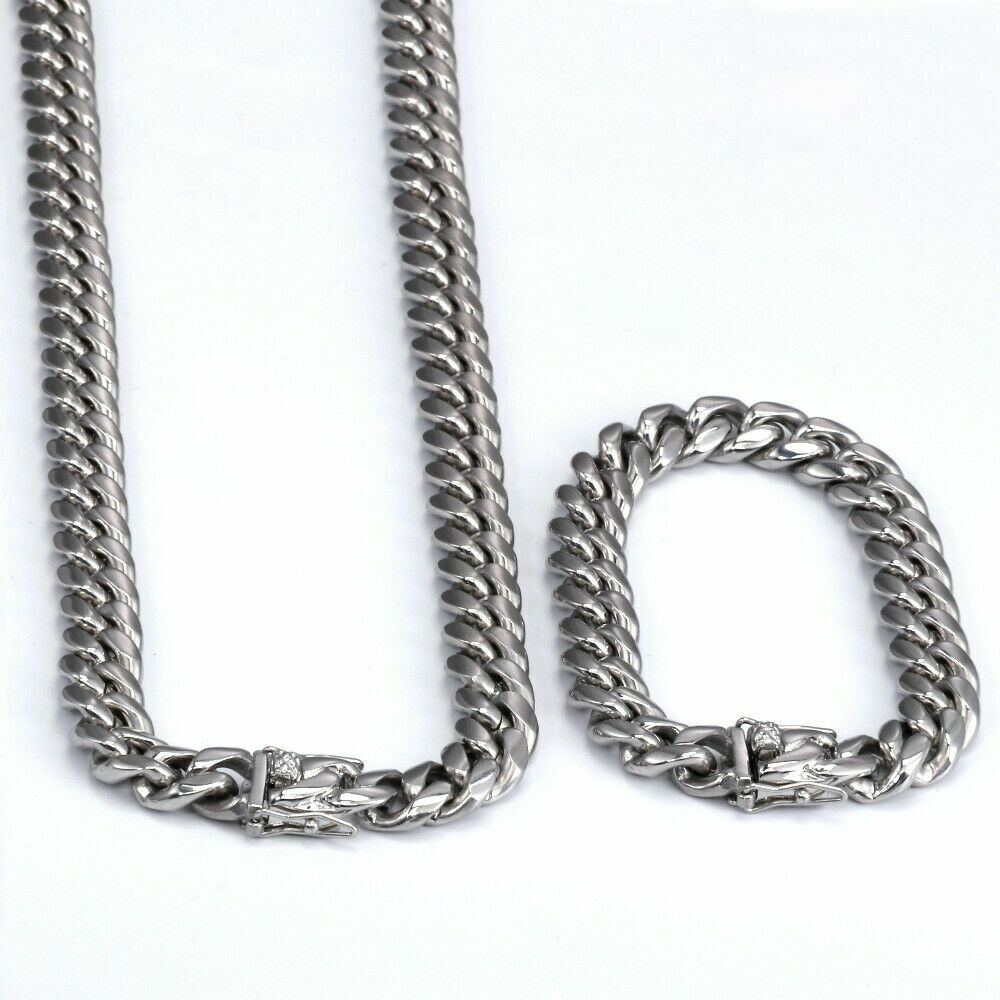 100% Stainless Steel White Gold Plated Miami Cuban Link Chain Bracelet 8MM-14MM