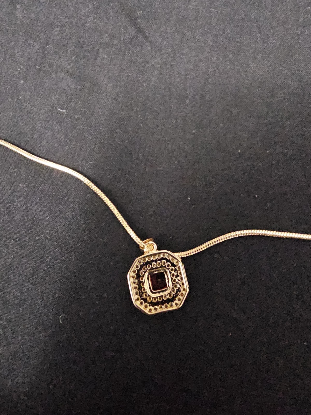 18in.14k Gold Plated on brass-1.4mm THIN SnakeNecklace Octagon Pendant Red Stone