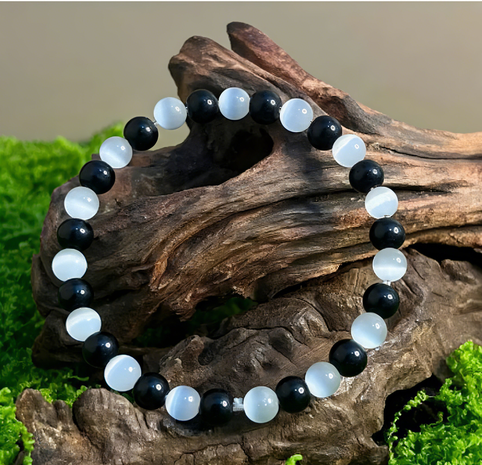 Natural Black Tourmaline Selenite Stretch Bracelet 6mm Round Gemstone Beads