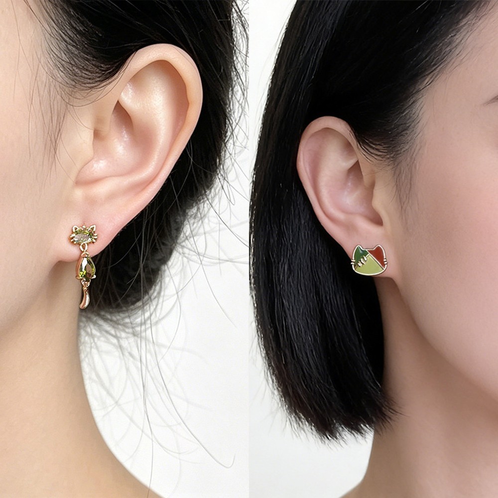Cute Cat Kitten Stud Earrings CZ Piercing Dangle Earrings Enamel Jewelry Gift