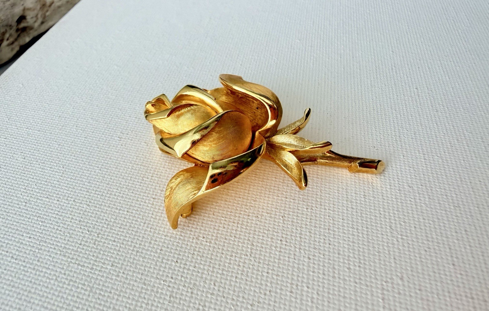 Vintage Signed Trifari Gold Tone Rose Flower Brooch Textured Designer Jewelry