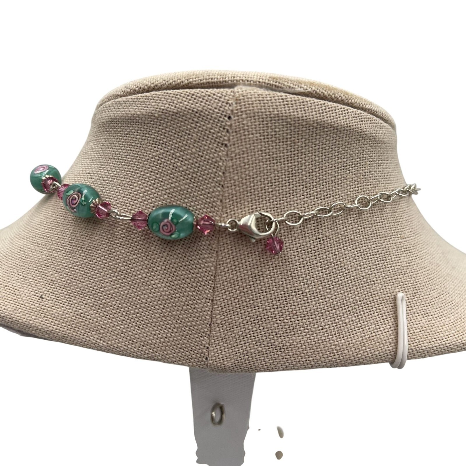 Teal Green Pink Floral Accent Art Glass Beaded Necklace Earring Silver Tone Set