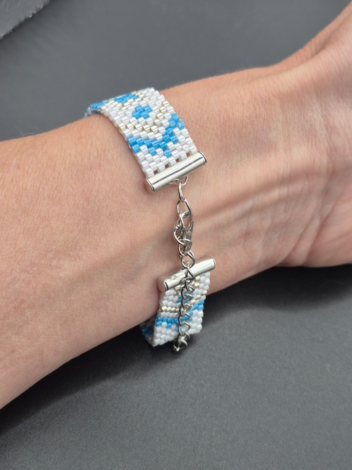 Beautiful white, silver & blue Indian style handmade bead bracelet