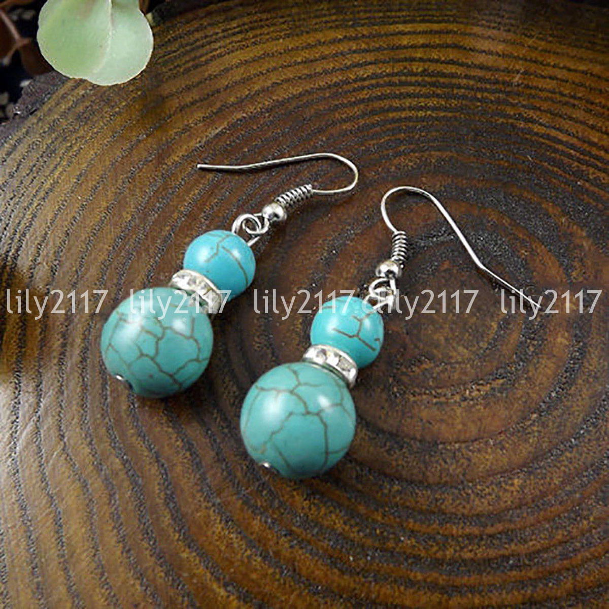 Natural 8&12mm Blue Turquoise Gemstone Round Beads Silver Hook Dangle Earrings