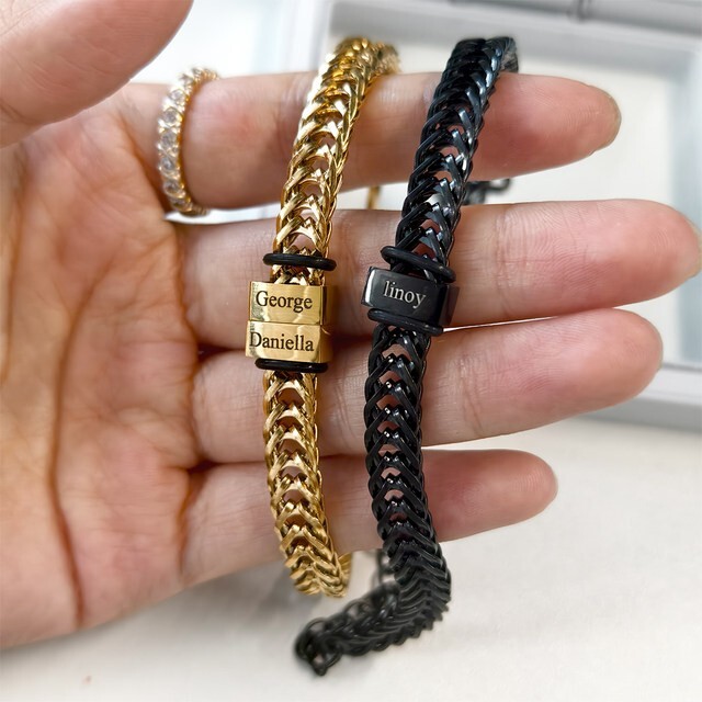 Personalized 1-5 Multiple Name Engraved Bracelet Custom Jewelry Chain Gold Black