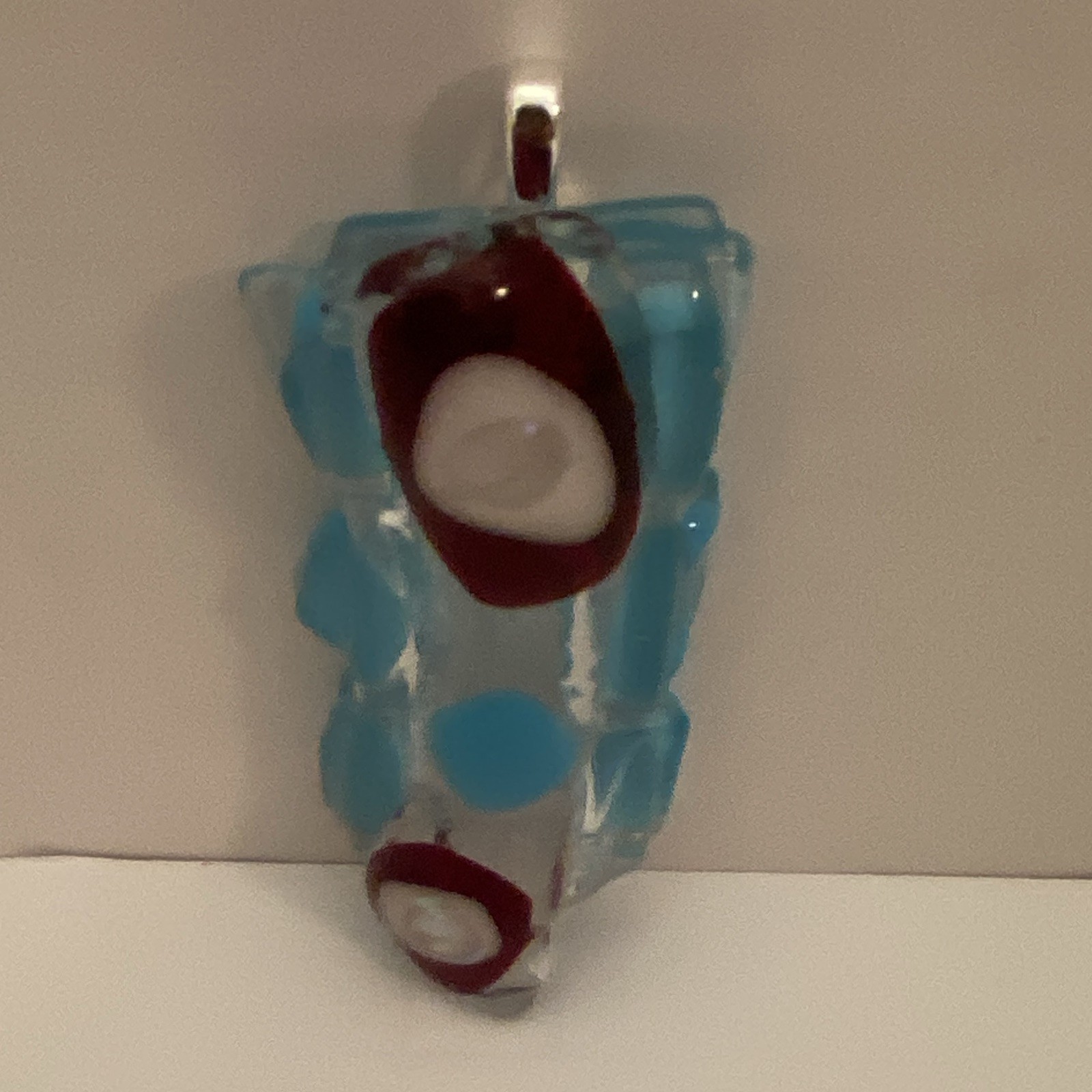 Silver Tone Bail Rectangle Glass Charm Pendant Blue Clear Red White Accents.