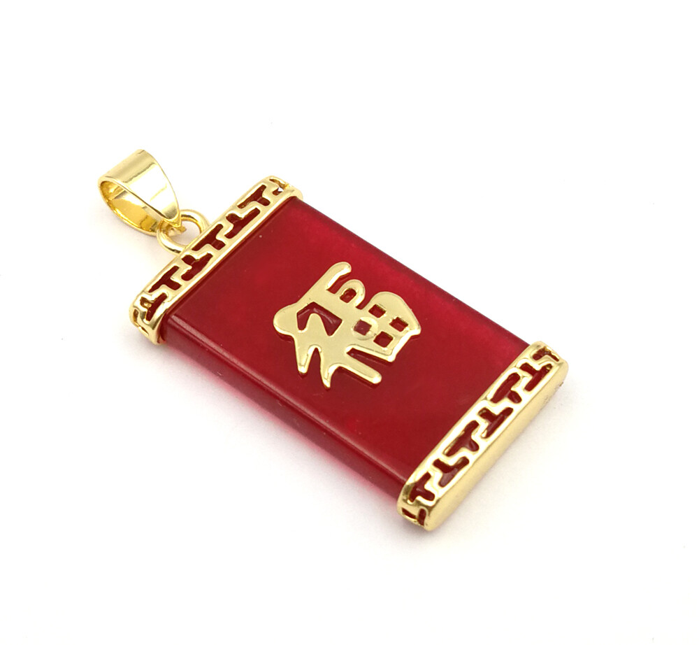 Green Multicolor Genuine Jade Blessing Fortune 18KGP Rectangle Pendant Necklace