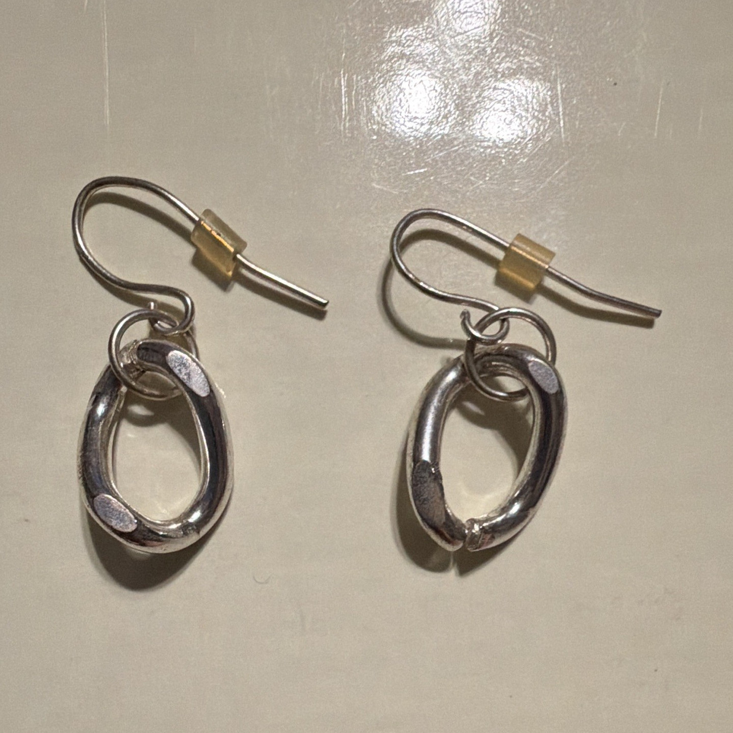 Silver Tone Oval Dangle/Drop Earrings, Hook Closure, Metal, No Stone