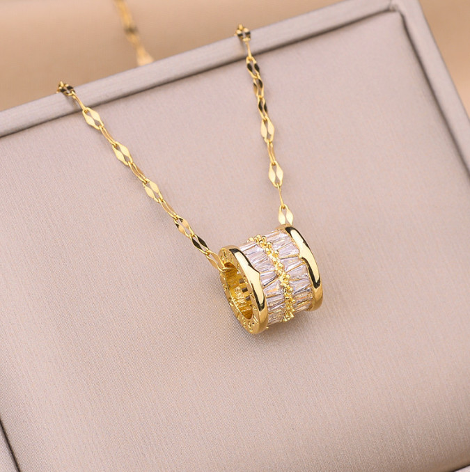 Titanium Spring Ring Gold/Silver Pave Cubic Zirconia Pendant Chain Necklace