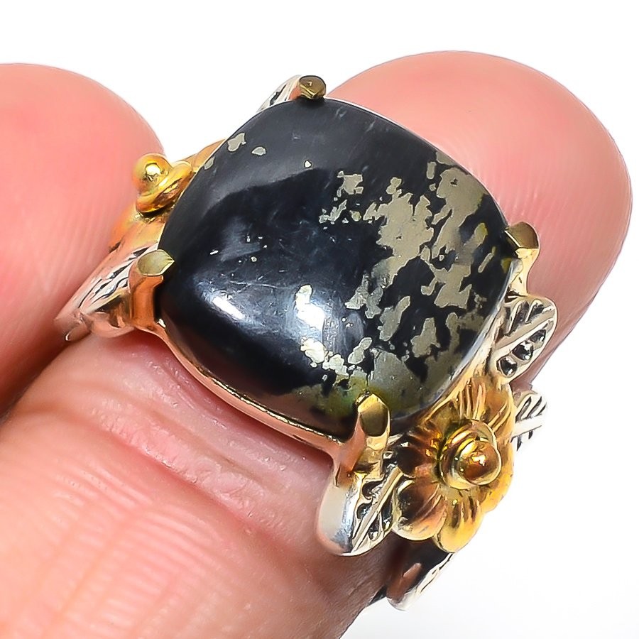 Pyrite In Magnetite Gold Plated Two Tone 925 Silver Designer Ring s.7.5 T2
