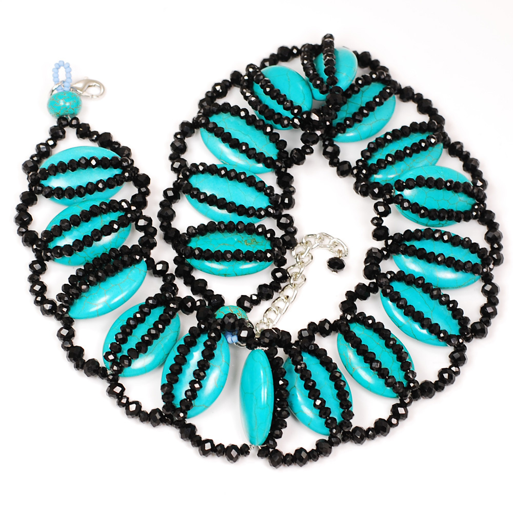Magnesite Turquoise & Black Crystal Beads Necklace w/Silver Tone Clasp 18-20.5″