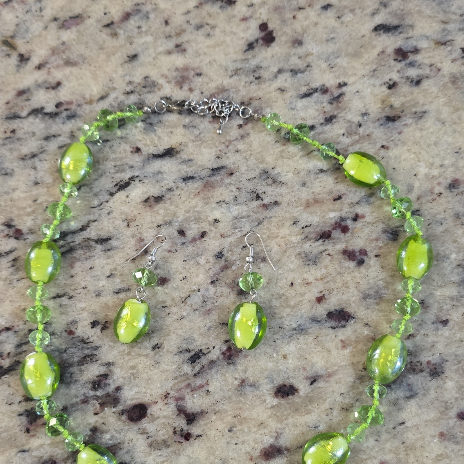 Green Glass Oval Bead & Crystal Jewelry Set Necklace & Dangle Earrings