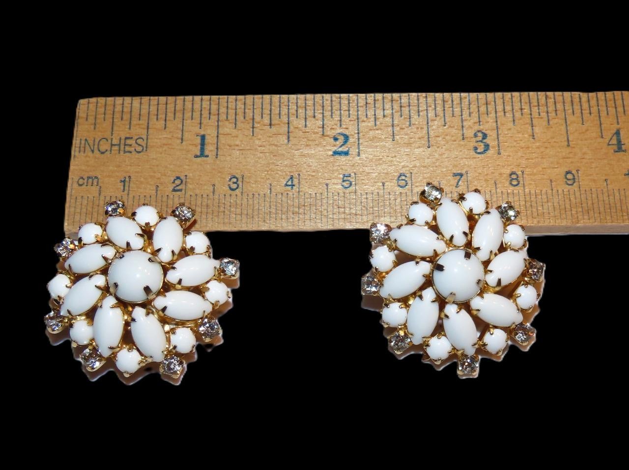 Hobe white milk glass & clear rhinestone earrings; 1 1/4 inch round; vintage
