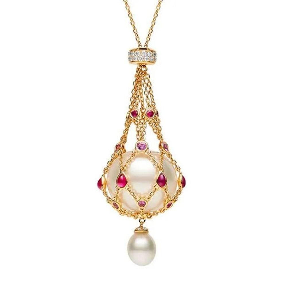 Women’s Faux Pearl Pendant Necklace Crystal Teardrop Mesh Cage Pendant Chain Nec