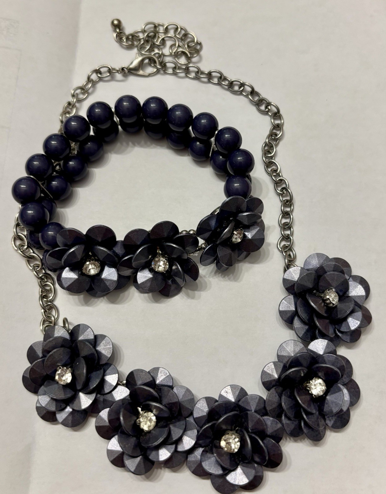 Silver-Tone Blue Flower Necklace, Simulated Crystal Centers, Cable Chain