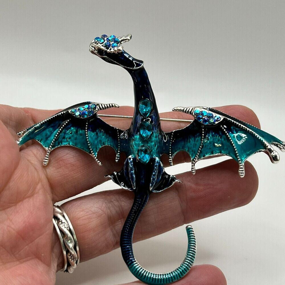 DRAGON BROOCH Pin Pendant Blue Rhinestone Enamel Silvery Tone Costume Jewelry