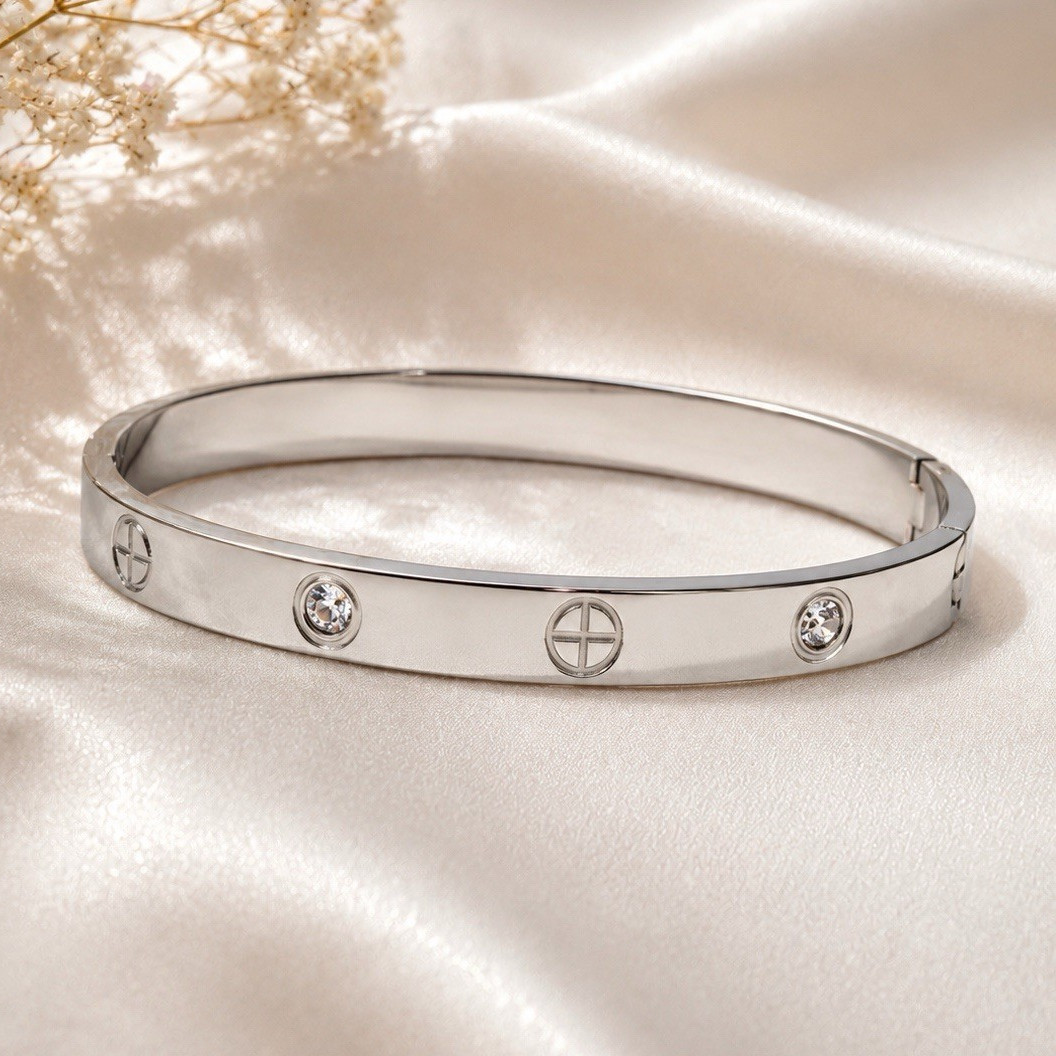 Stainless Steel Bangle Bracelet Round Clear CZ Bezel 7 in Luxury Inspired