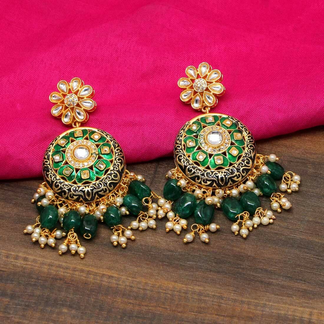 Bollywood Celebrity Style Kundan Meenakari Earrings Indian Latest Designer Green