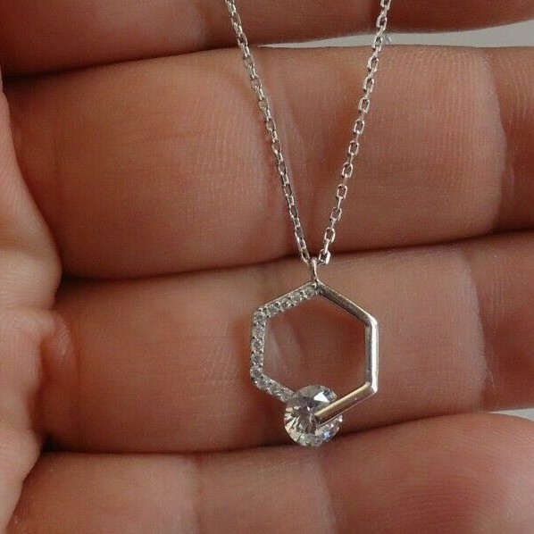 HEXAGON NECKLACE PENDANT TENSION SET CENTER LAB CREATED DIAMOND STERLING SILVER
