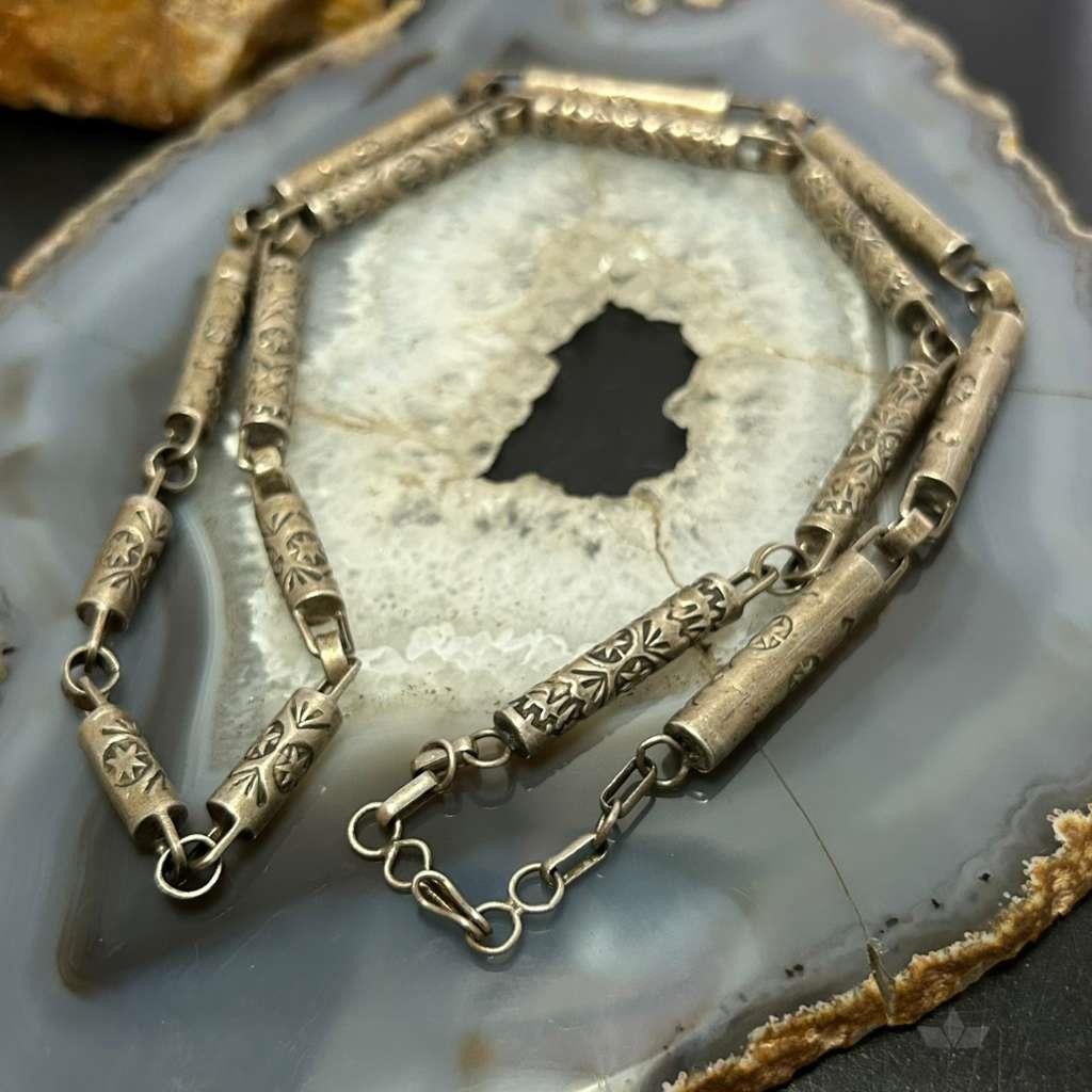 Vintage Silver Stamped Cylinder 24″ Fashion Link Necklace For Women