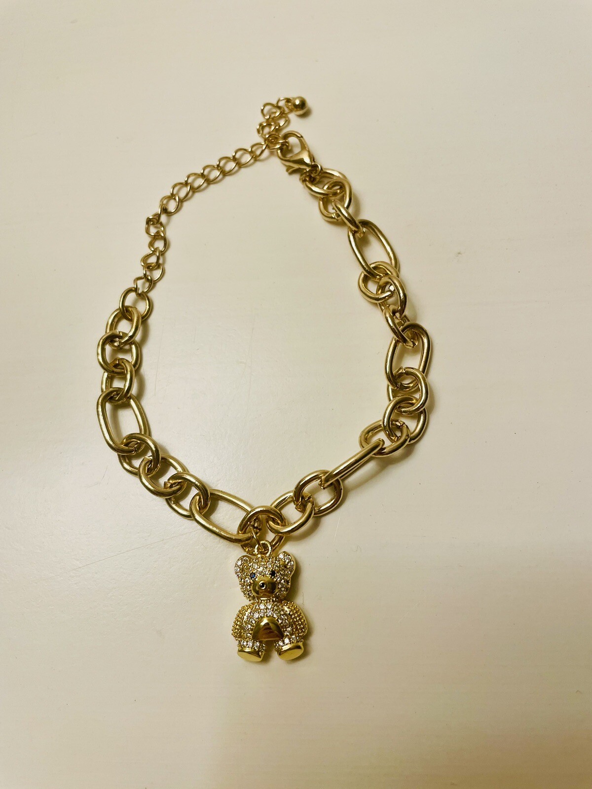 Plus Size Teddy Bear Charm Bracelet Gold Tone Links up to 10 Inches NWT