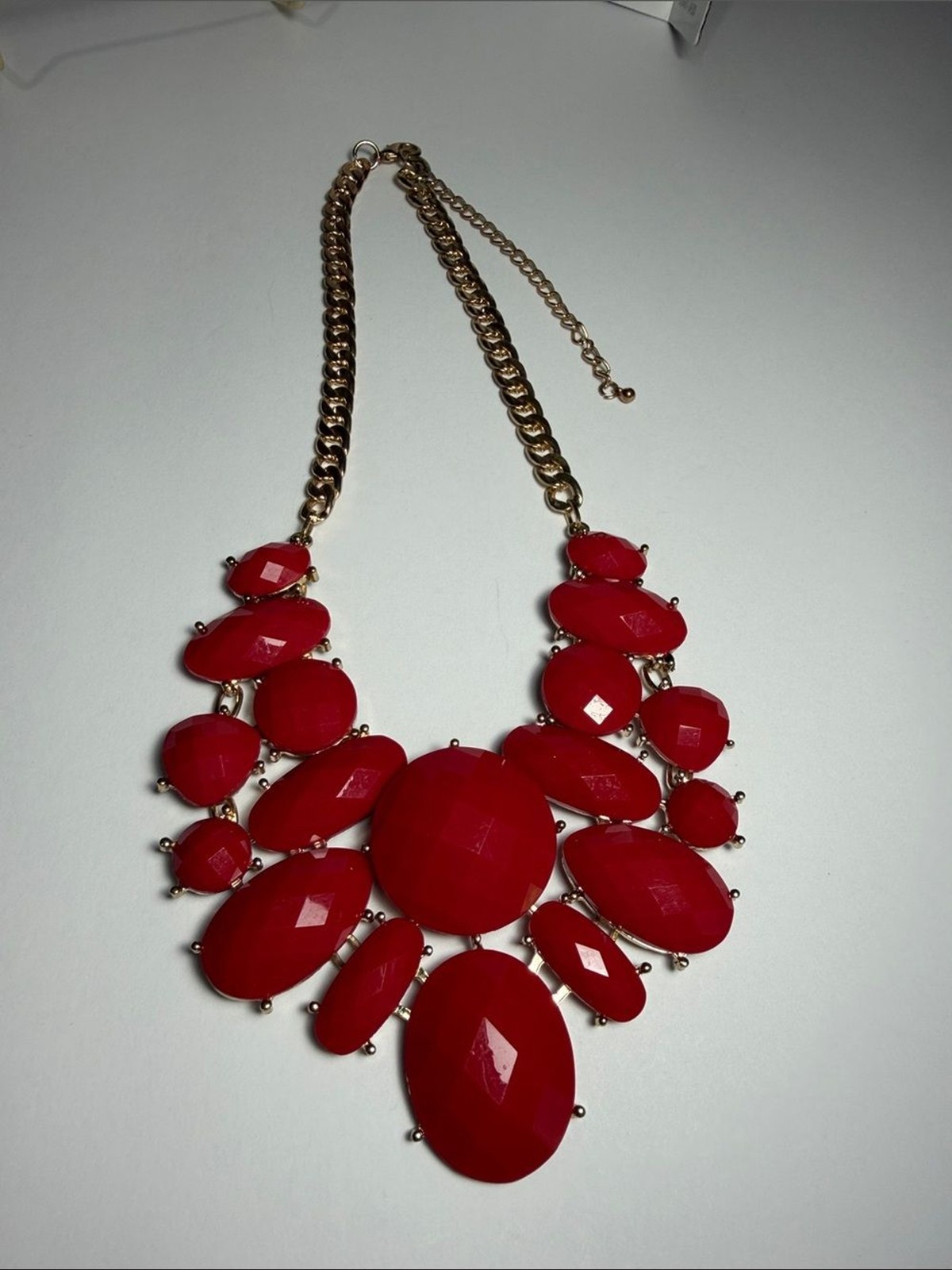 Chunky Red Acrylic/Lucite Cabochon Statement Bib Necklace with Gold-Tone Chain
