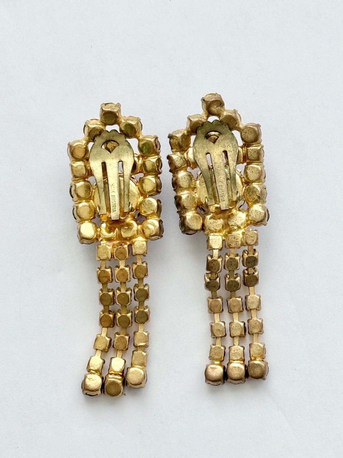 Vintage Austrian Crystal Rhinestone Gold Tone Pink Purple Clip-On Dangle 2in