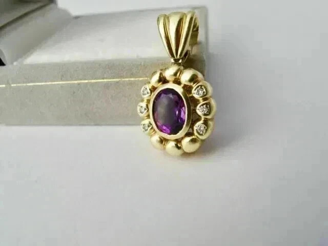 Simulated Oval Cut Amethyst Halo Pendant 18″ Chain 14K Yellow Gold Plated Silver