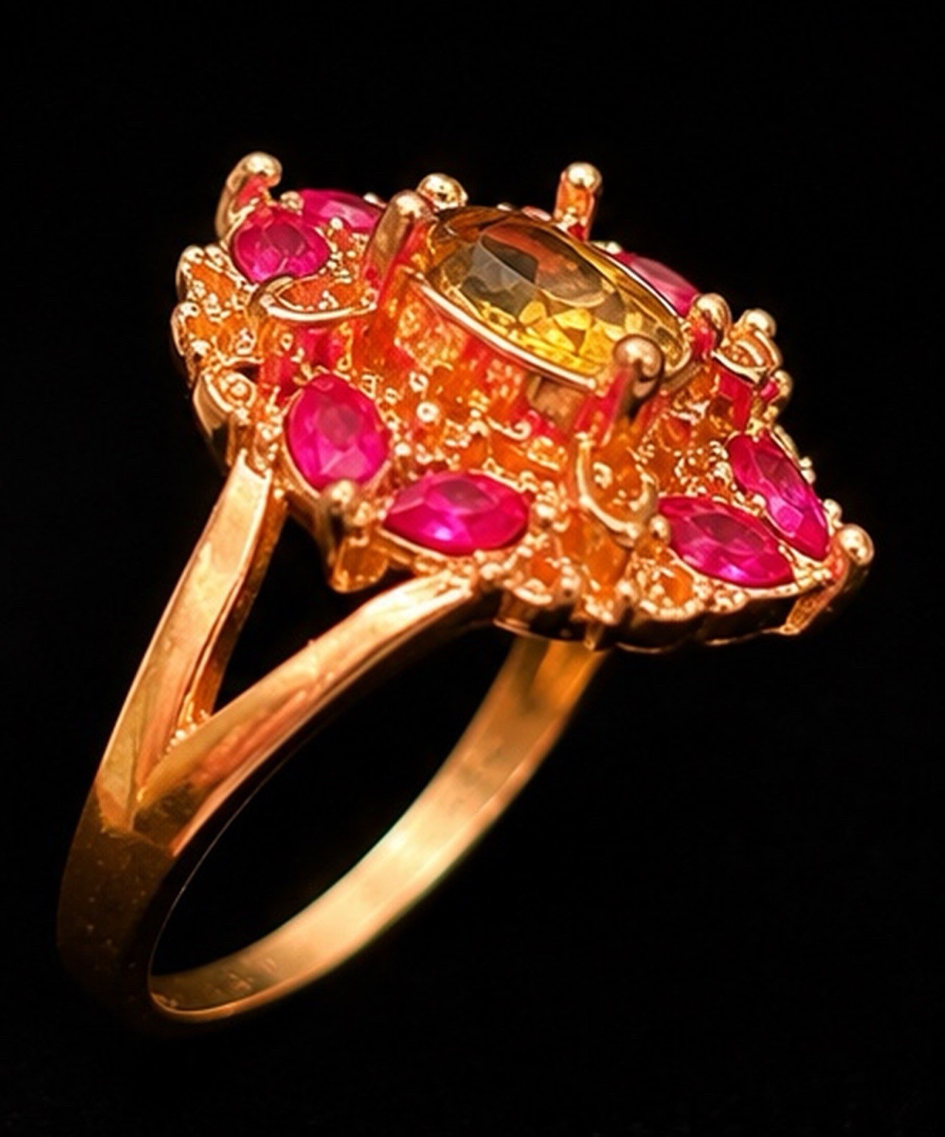 Gold-Tone Cocktail Ring Size 11 Oval Yellow Stone Pink Marquise Halo Prong
