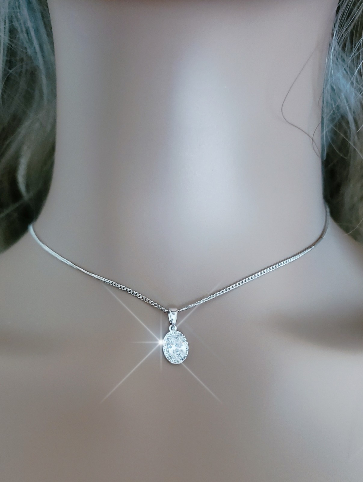 Genuine Austrian Crystals Sterling Silver Overlay Oval Halo Pendant Necklace