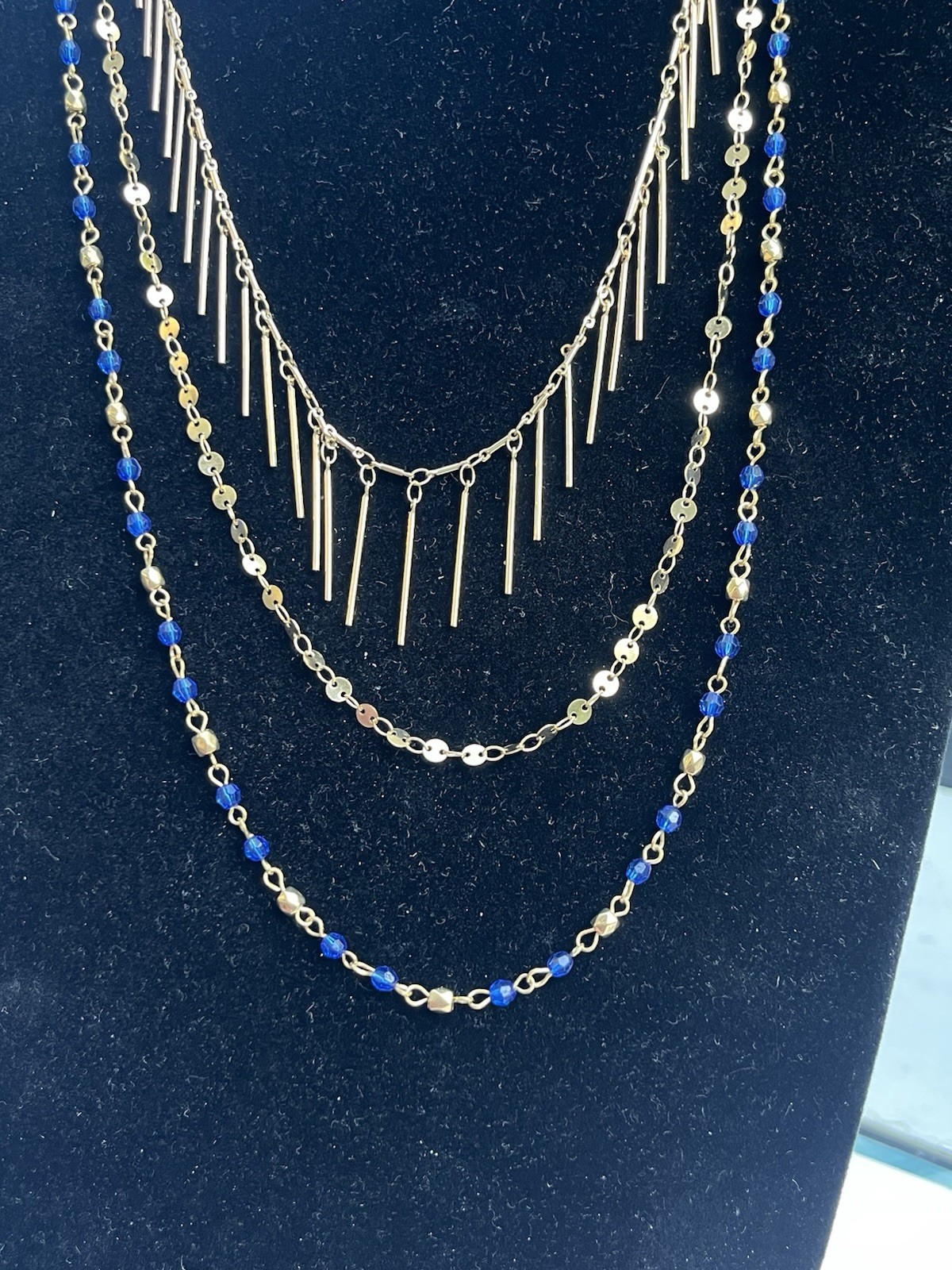 Massini 3 Chain Layered Gold Tone And Blue Necklace