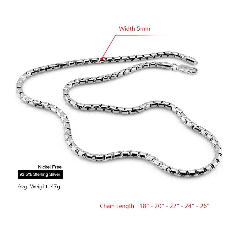Solid 925 Sterling Silver Box Chain Necklace Lobster Clasp 5mm for Men & Women