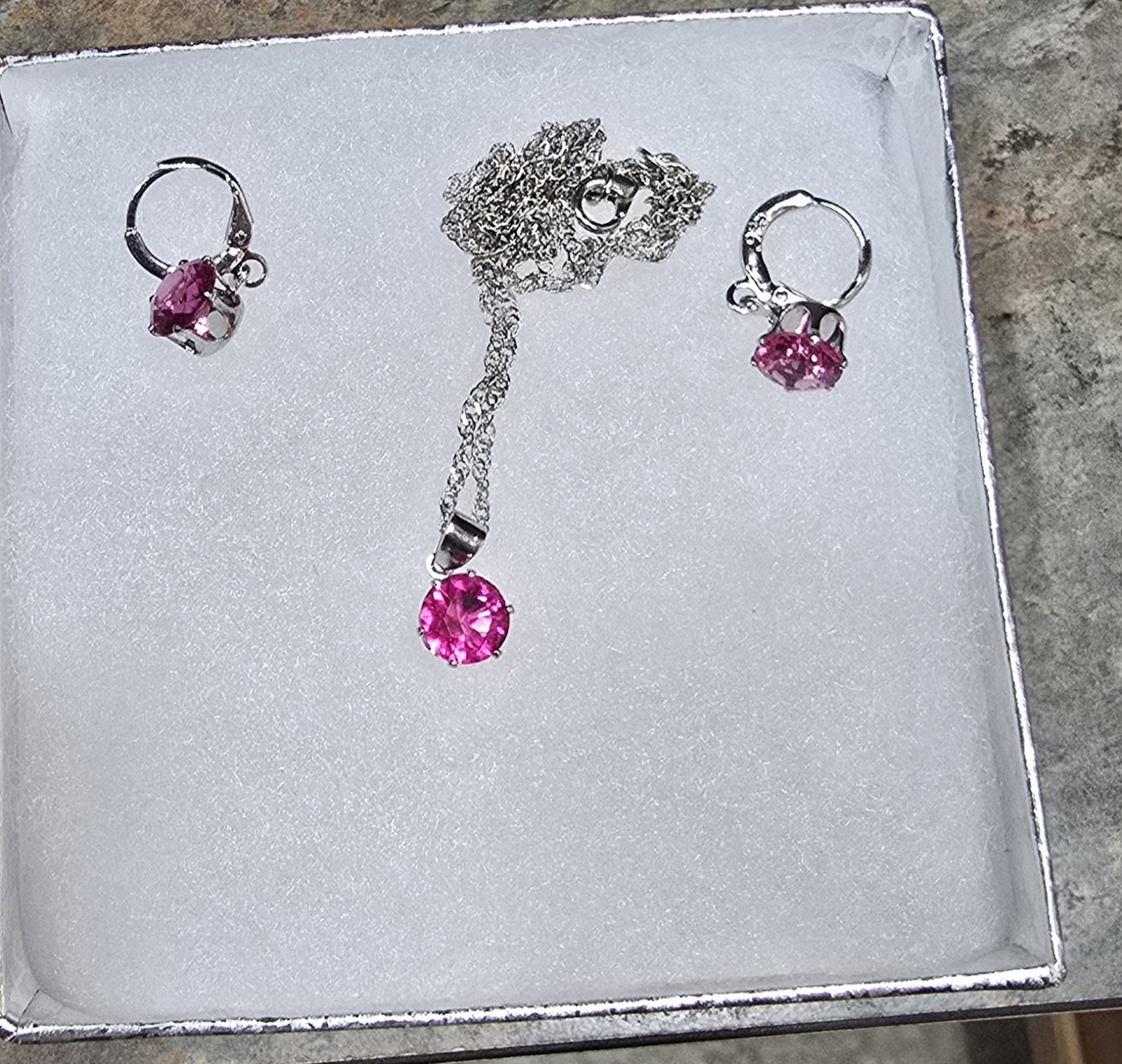 Hot Pink Crystal & Silver Tone Necklace & Earring Set With Gift Box