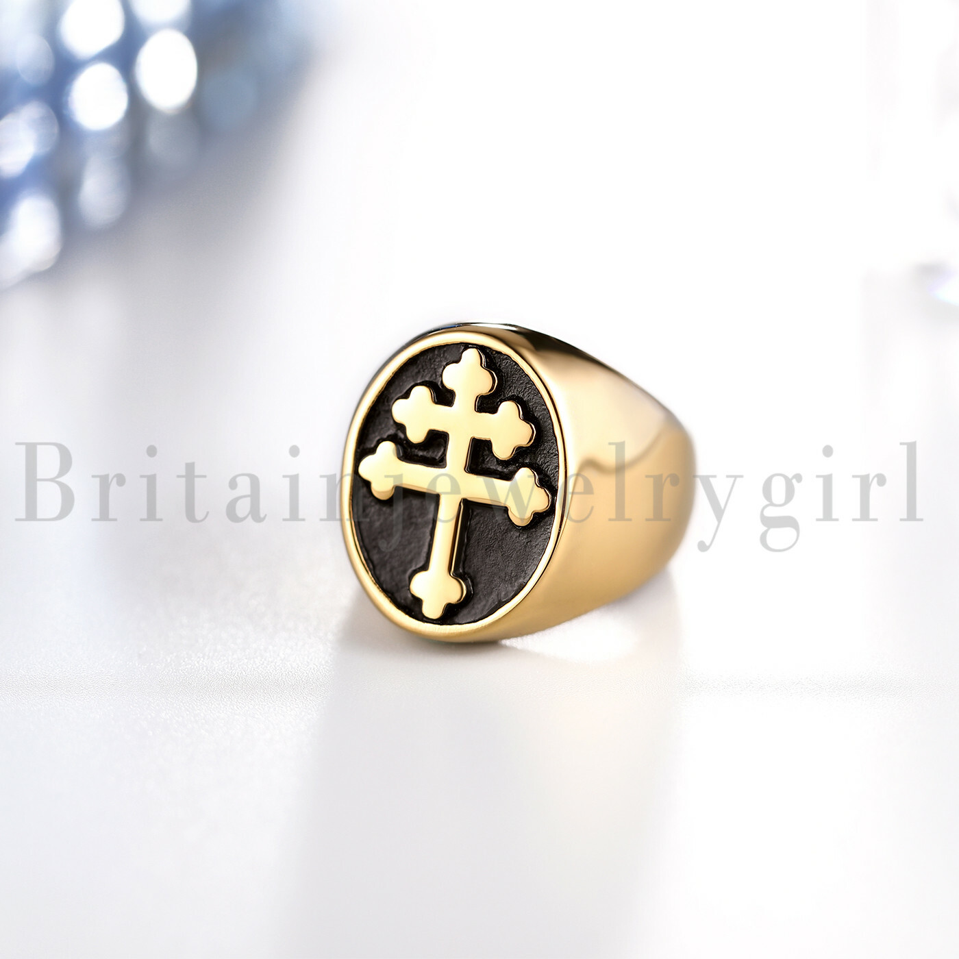 Vintage Gold Plated Stainless Steel Cross Signet Wedding Ring for Men Size 8-13