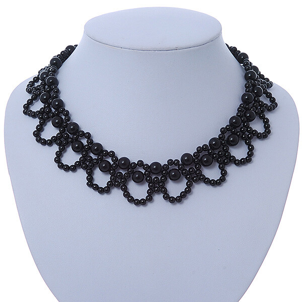 Black Imitation Pearl Bead Collar Style Necklace In Silver Tone – 36cm L/ 6cm