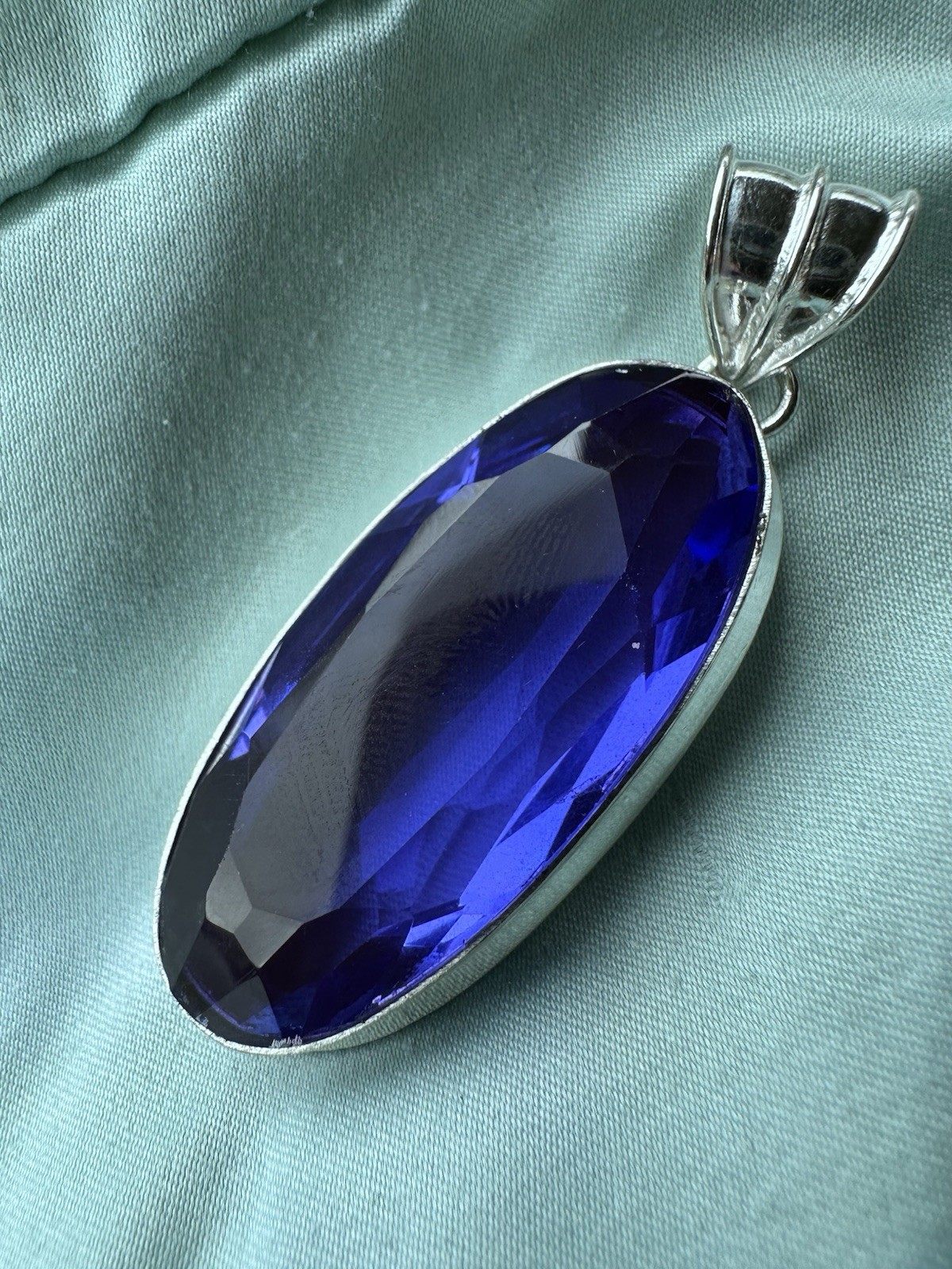 Brilliant Blue Lab Created Tanzanite Pendant High Polished Bezel Gemstone
