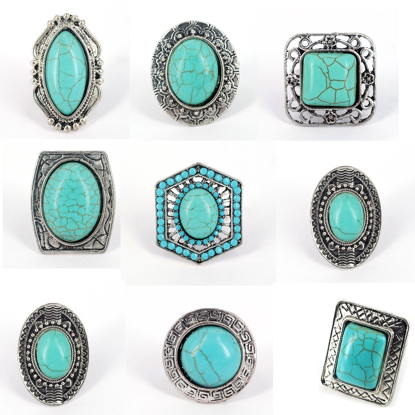 Wholesale Lot 8 Mixed Silver Tone Adjustable Turquoise Cabochon Boho Rings