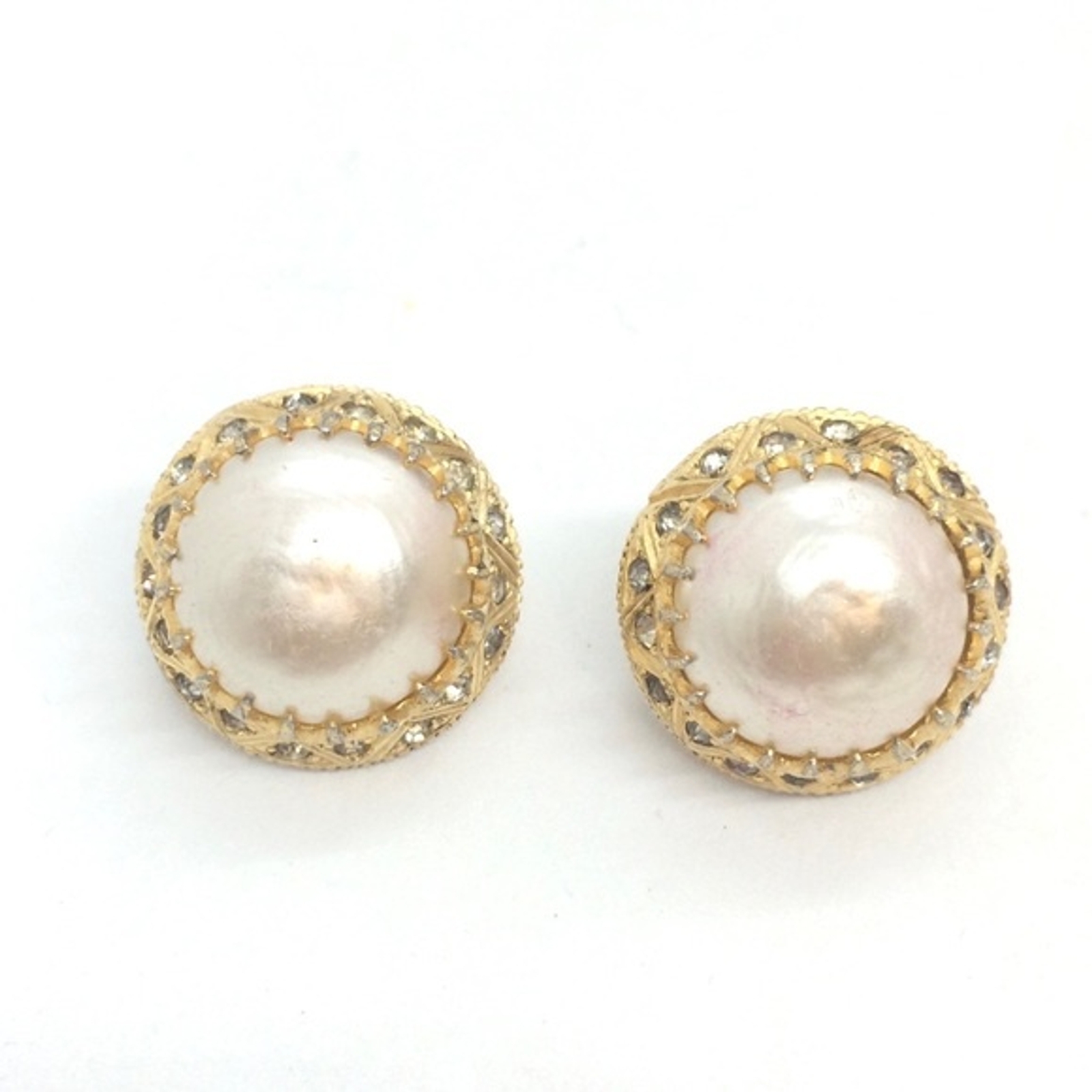 VINTAGE NETTIE ROSENSTEIN CLIP ON EARRINGS FAUX PEARL RHINESTONES GOLD TONE