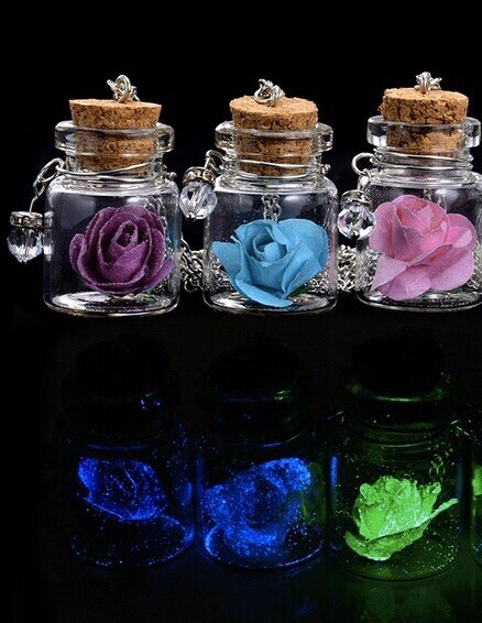PURPLE Glow In The Dark Rose Glass Bottle Necklace Cork Gift Love Beauty & Beast