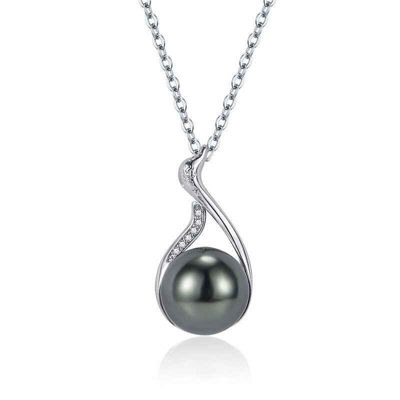 925 Silver CZ Swan Tahitian Black SHELL Pearl Pendant Necklace 18″ Chain I78