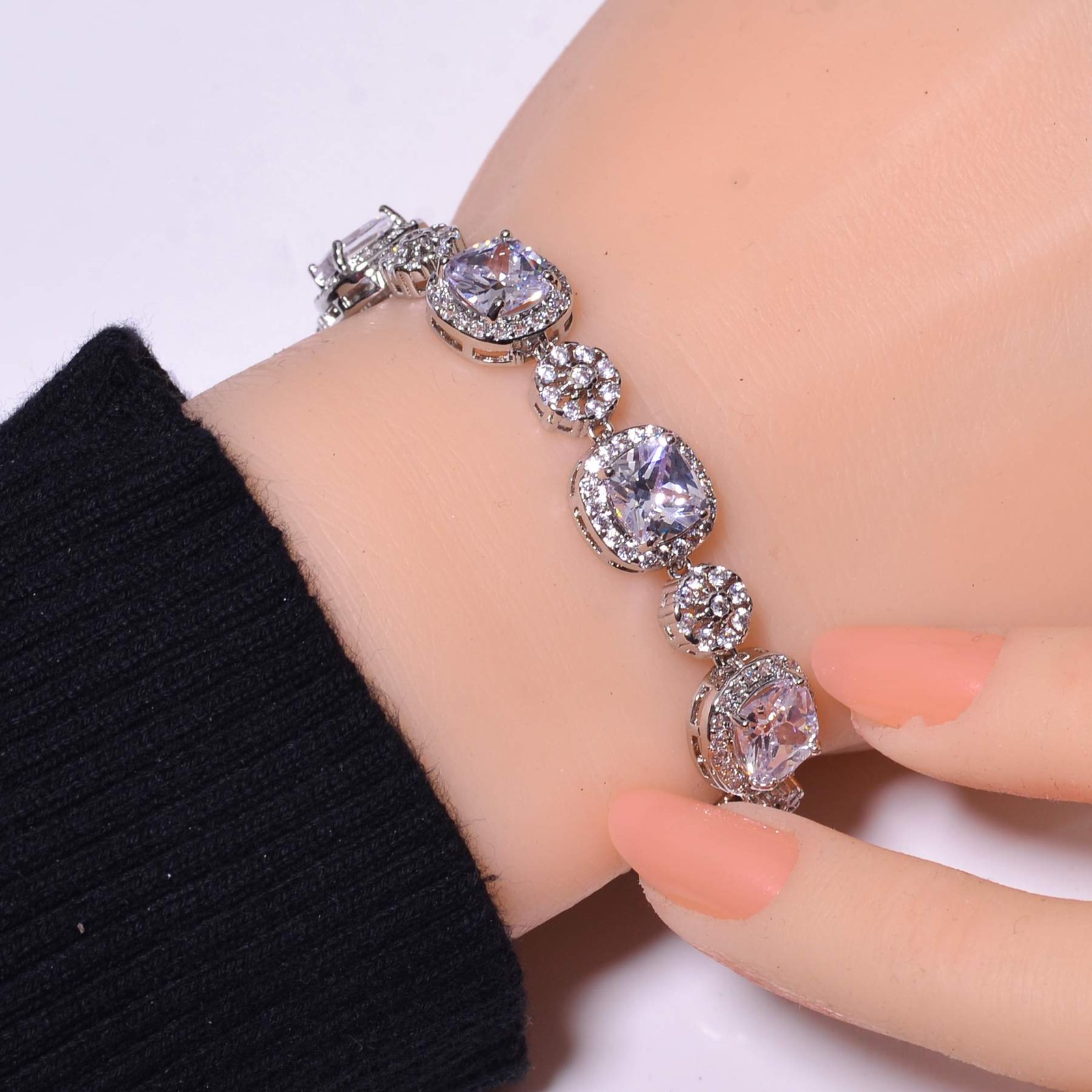White Topaz & CZ 925 Sterling Silver Tennis Bracelet 8.99″ B25, Christmas Gift