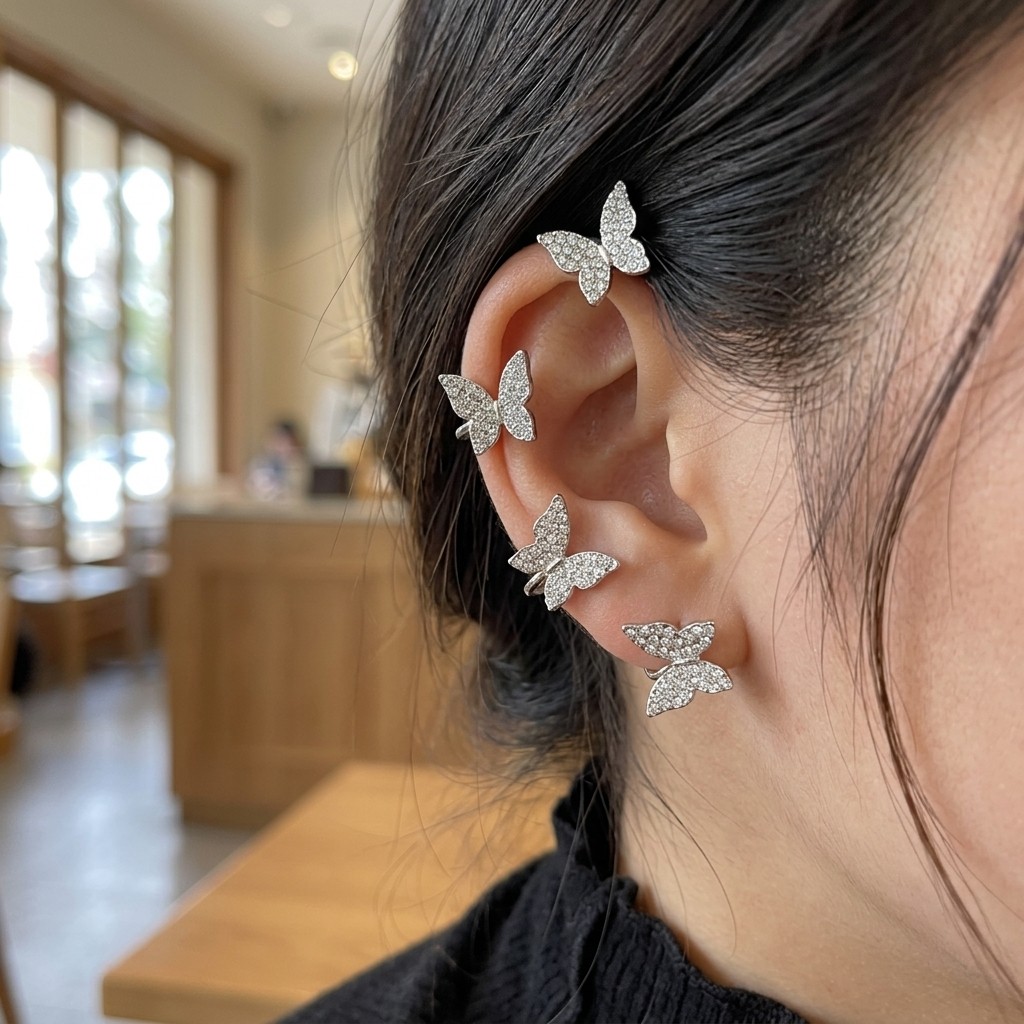 Silver Tone Crystal Butterfly Ear Cuff Set, 2Pcs Non-Pierced Ear Clips