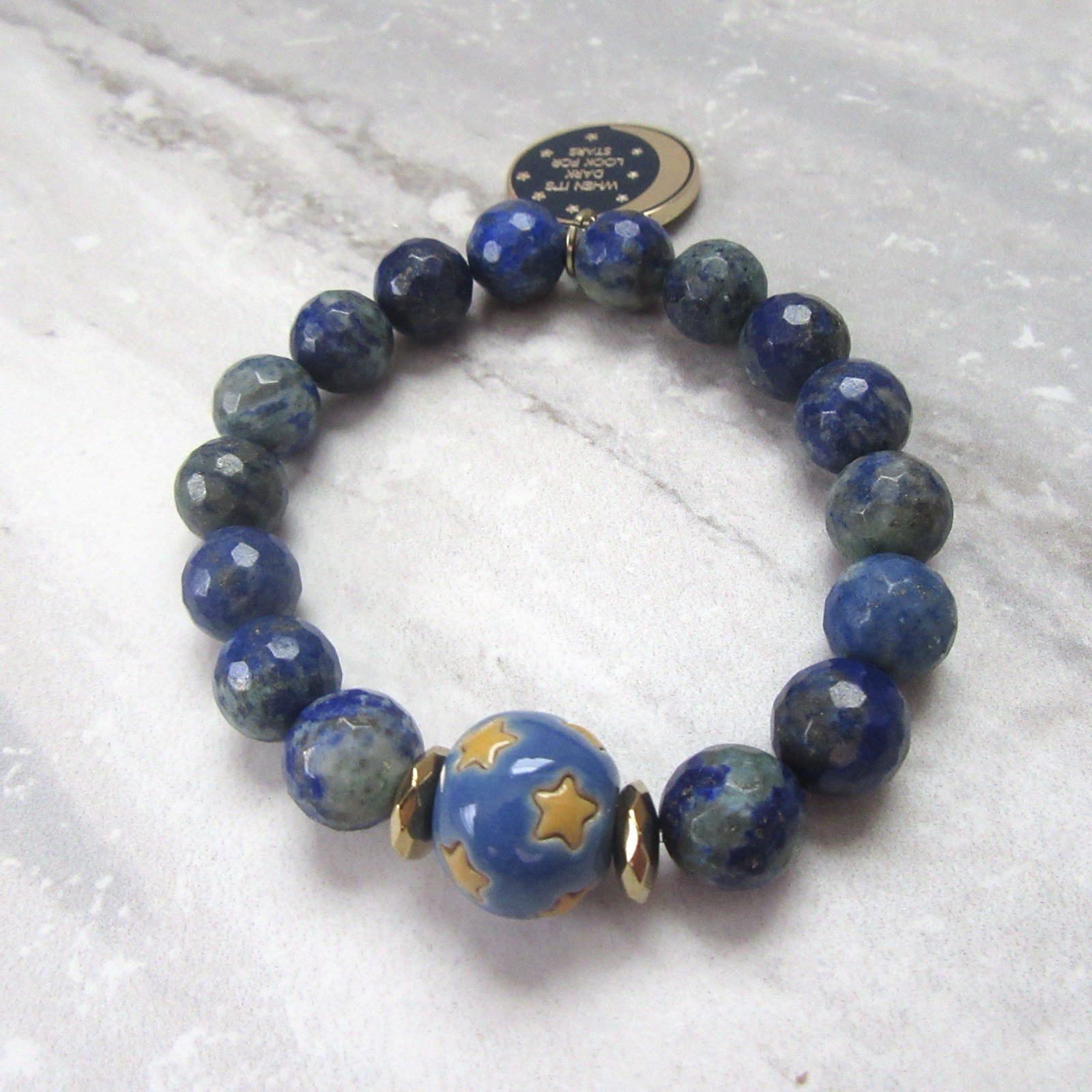 Ceramic Star Ball Stretch Bracelet with Lapis Beads & Moon Quote Charm