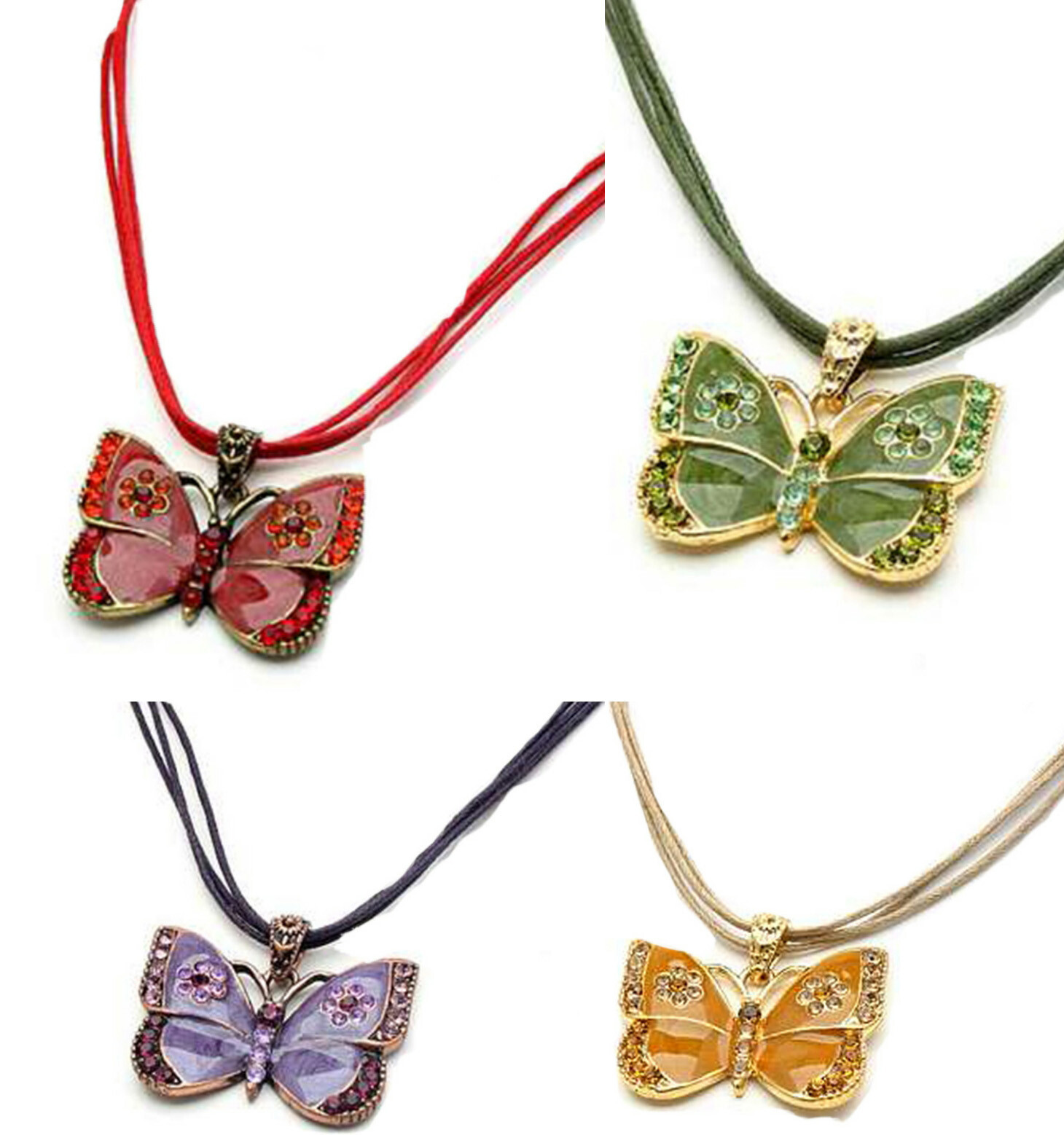 VICTORIAN RED GREEN PURPLE OR GOLD ENAMEL MULTI CHORD CRYSTAL BUTTERFLY NECKLACE