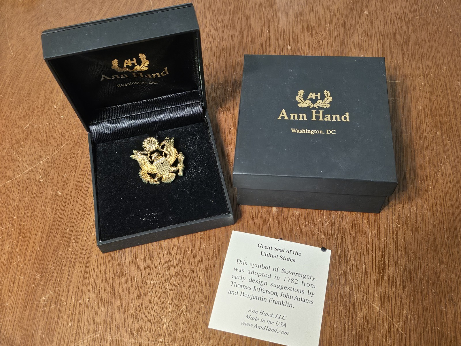 Ann Hand Great Seal Seal Of The United States Pin Brooch Gold Tone Faux Pearl