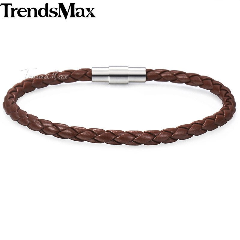 4mm Brown Braided Cord Rope Man-made Leather Bracelet Magnetic Clasp 8″