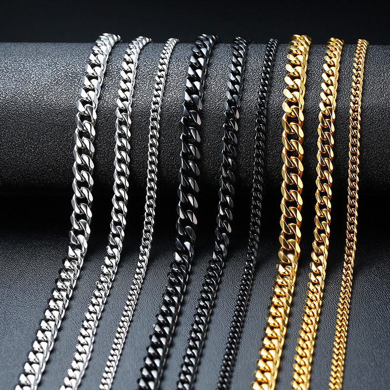 3-7MM Cuban Curb Flat Link Chain Men Necklace Choker Stainless Steel 18 20 22″