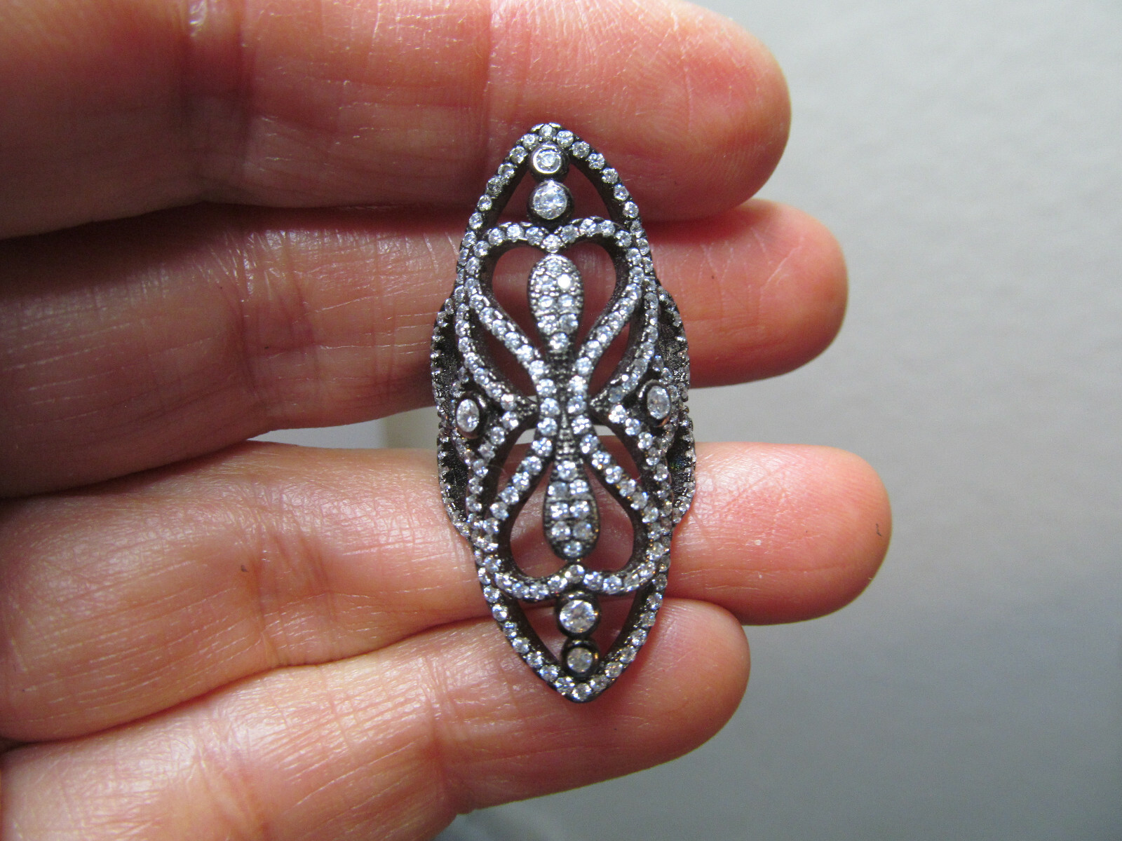 925 Gun Metal Sterling Silver Filigree Navette shaped CZ crystal Ring 5s, 7.2g